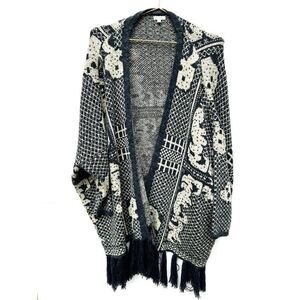 En  Ceme Blue White Print Long Sleeve Knit Tassel Fringe Cardigan Sweater